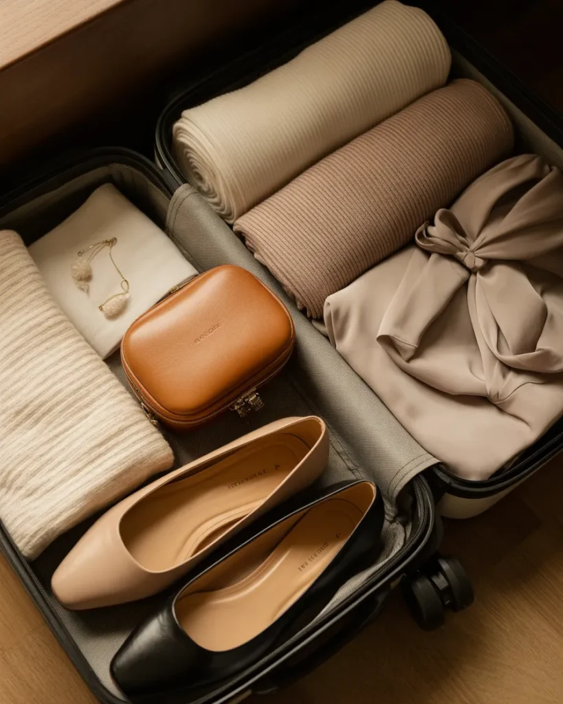 Packed carry-on suitcase with two pairs of ballet flats for a travel capsule wardrobe