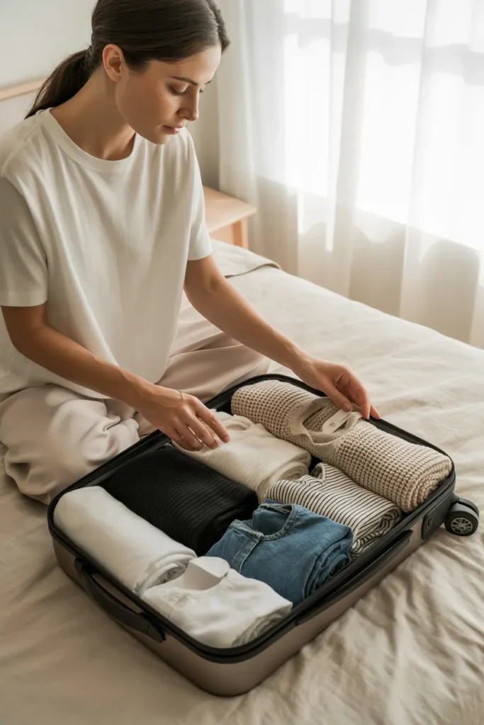 Packing capsule wardrobe basics under $30 into carry-on suitcase for travel