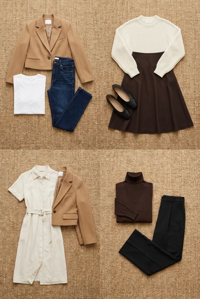 Petite body type outfit grid showing hourglass, pear, rectangle, and apple capsule combinations.