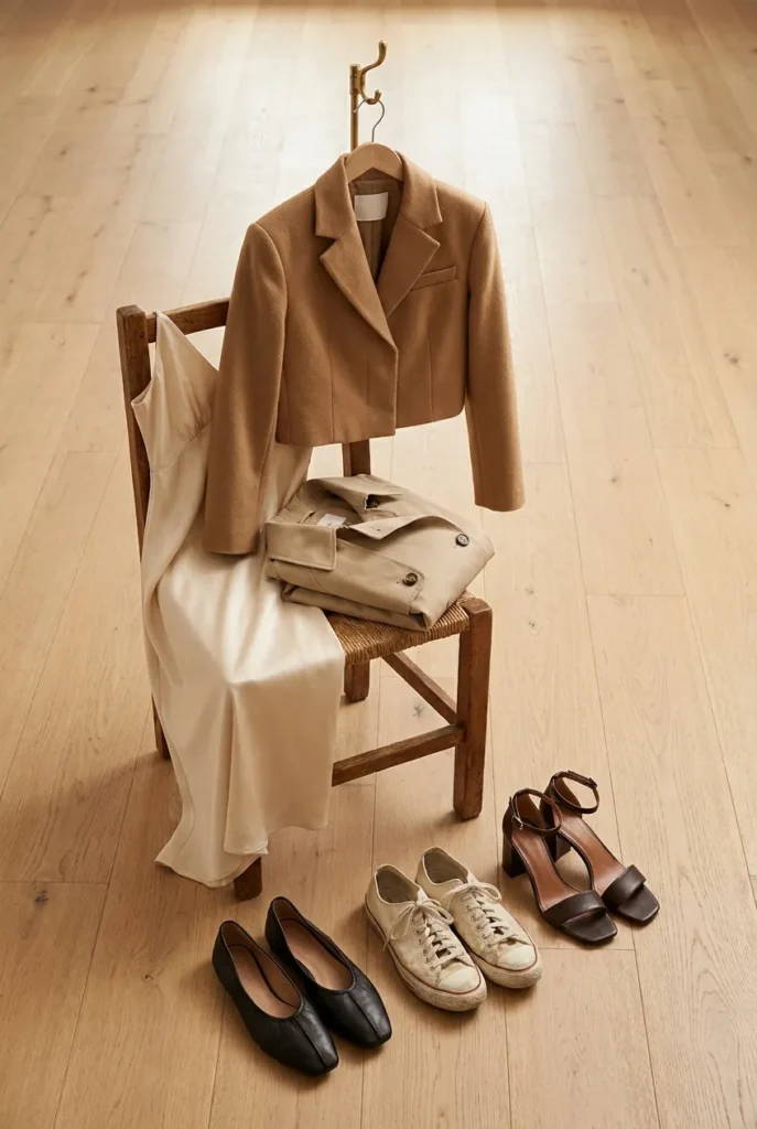 Petite capsule dress, blazer, trench coat, flats, sneakers, and heeled sandal arranged on pale wood floor.