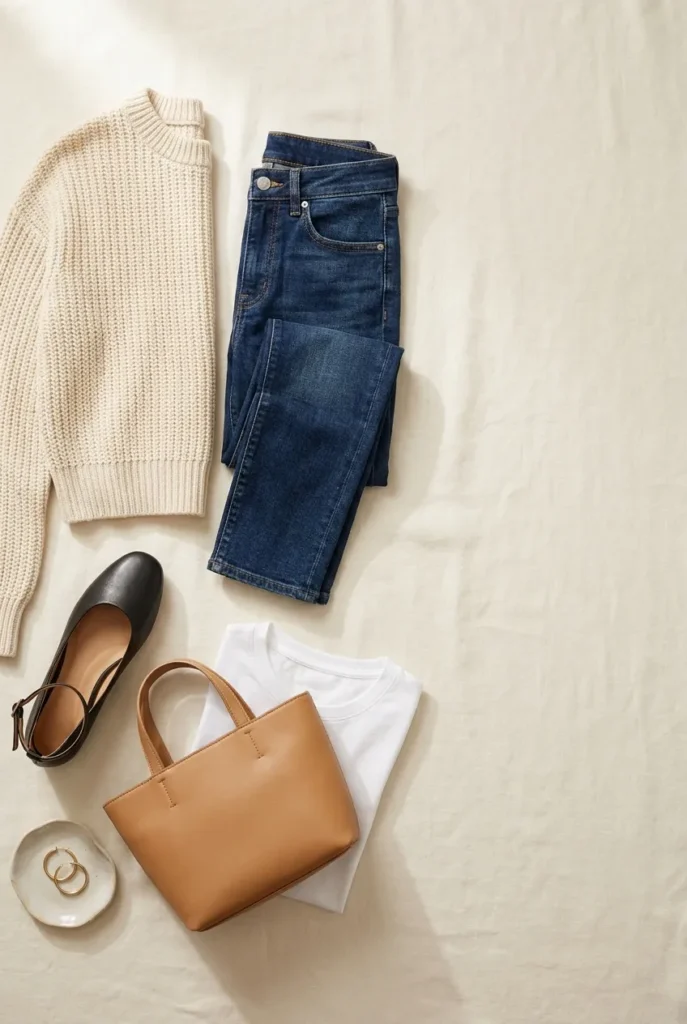 capsule wardrobe for Petite flat lay with cream sweater, high-rise jeans, ballet flat, camel tote, and white tee on ivory linen.