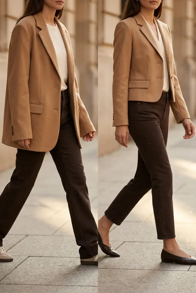 Petite proportion comparison showing oversize regular fit versus cropped petite cut with ankle jeans.