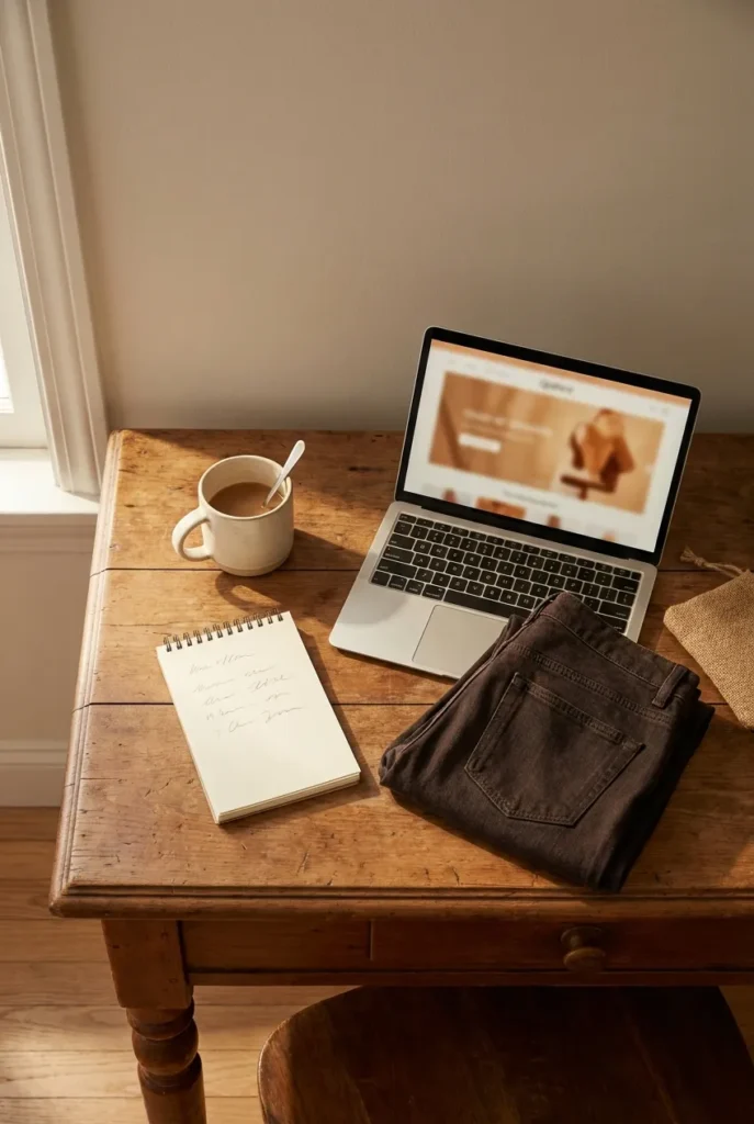 Petite shopping setup with laptop, notepad, folded jeans, and coffee mug on warm wood desk.
