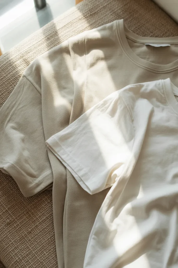 Pilled white tee compared to fresh cotton basics for capsule wardrobe refresh