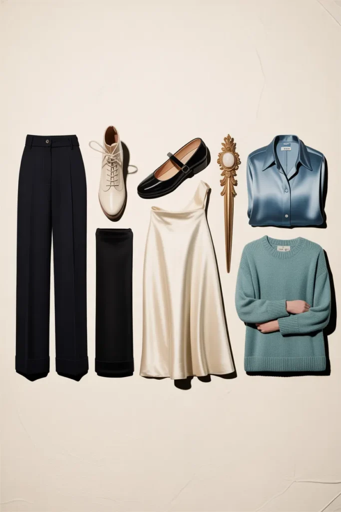 Pinterest fashion 2026 shopping priority flat lay with wide-leg trousers, lace-up boot, Mary Jane, satin dress, brooch, blue shirt, and sage knit.