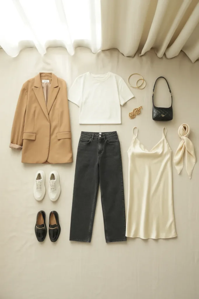 Pinterest fashion trends 2026 capsule wardrobe flat lay with camel blazer, white tee, jeans, satin skirt, loafers, and gold accessories on cream linen.