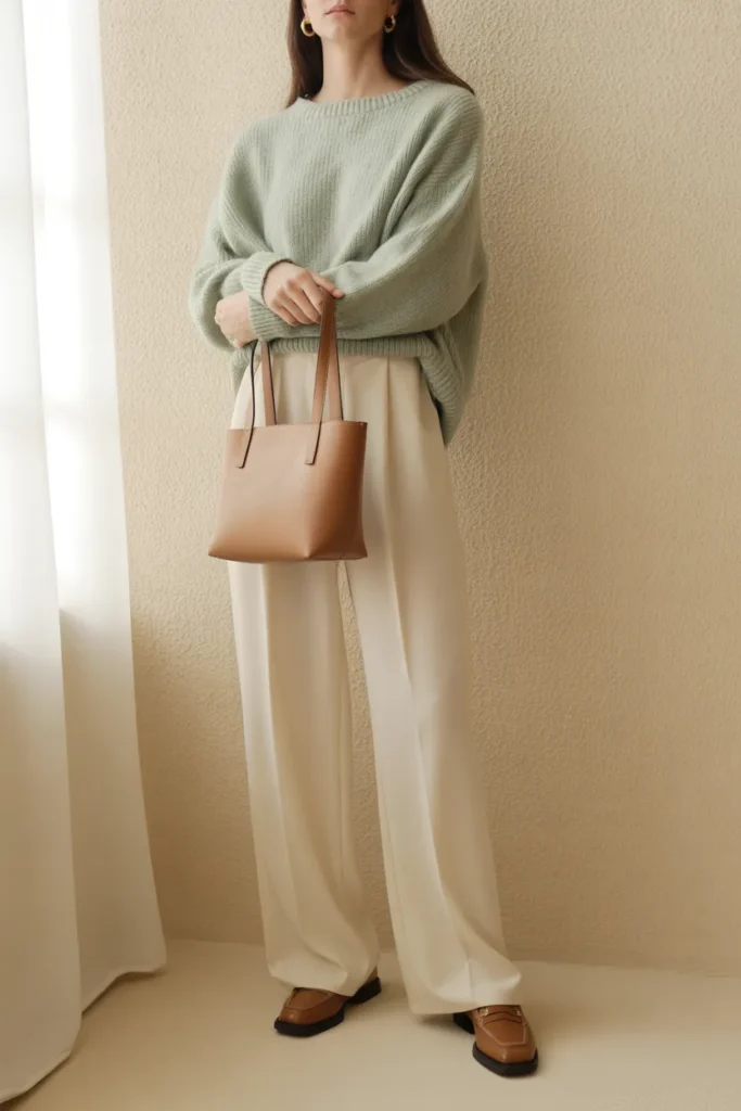 Pinterest fashion trends 2026 outfit with sage green sweater, cream trousers, brown loafers and camel tote in quiet luxury aesthetic.