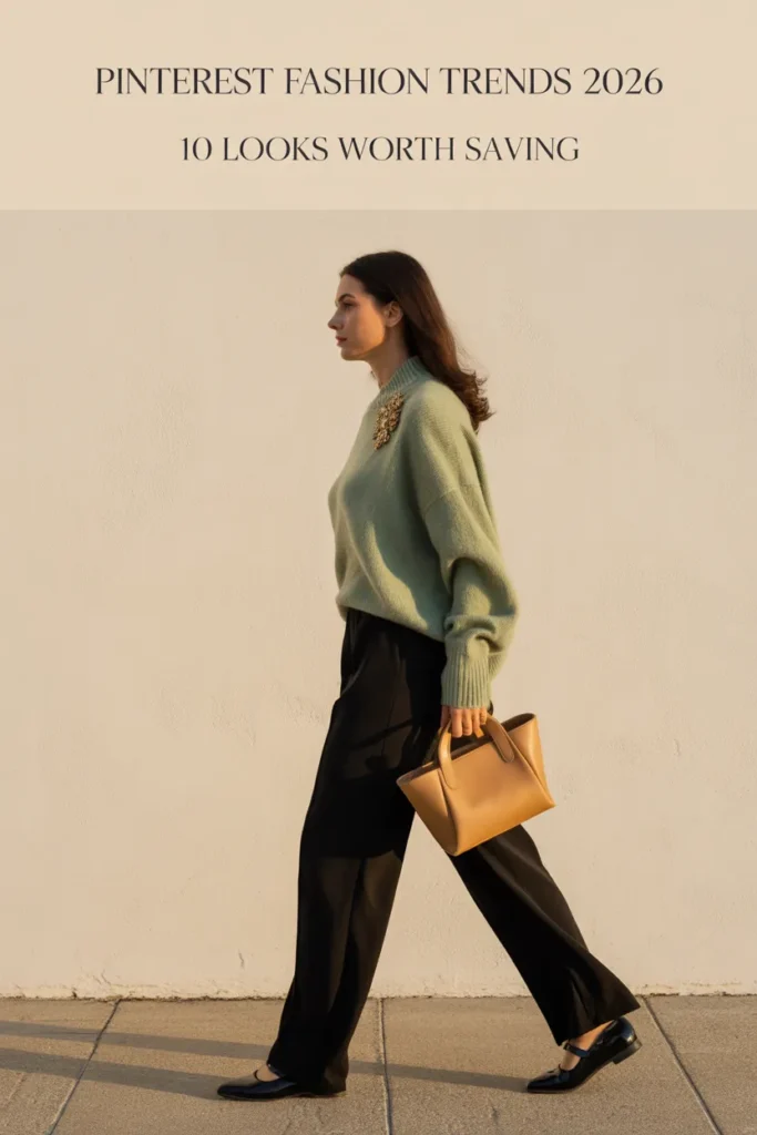 Pinterest fashion trends 2026 pin with sage knit, wide-leg trousers, Mary Janes, gold brooch, and camel tote in quiet luxury capsule wardrobe styling.
