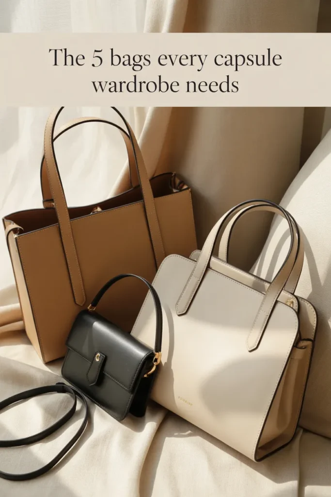 Pinterest pin showing five essential bags for a capsule wardrobe in neutral palette with serif title overlay