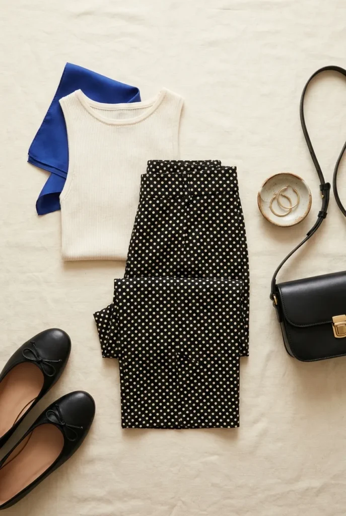 Polka dot capris outfit flat lay with cream tank, black ballet flats and small black crossbody.