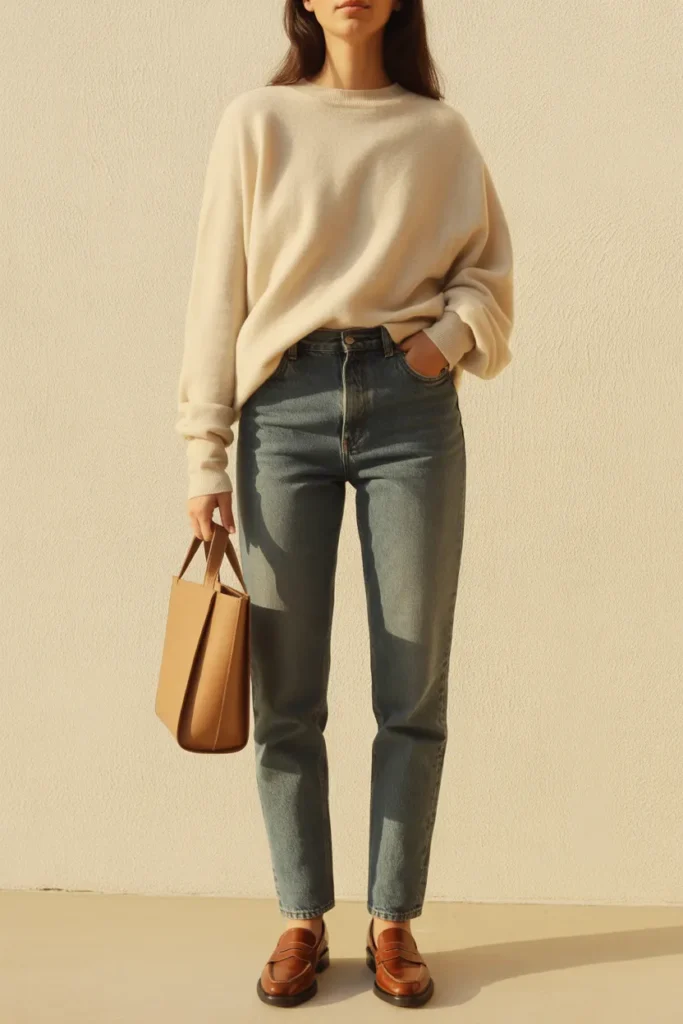 Quiet luxury Pinterest fashion outfit with cream knit, dark jeans, brown loafers, and camel tote for 2026 capsule wardrobe.