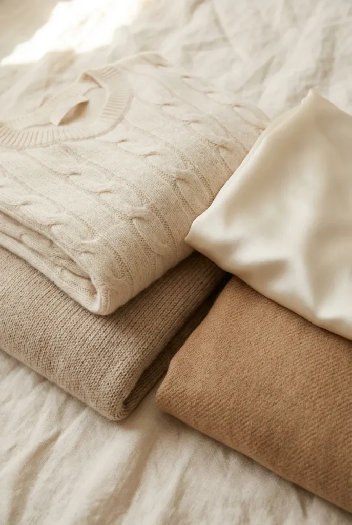 Quiet luxury fabric texture close up with cashmere silk merino and wool in cream and camel