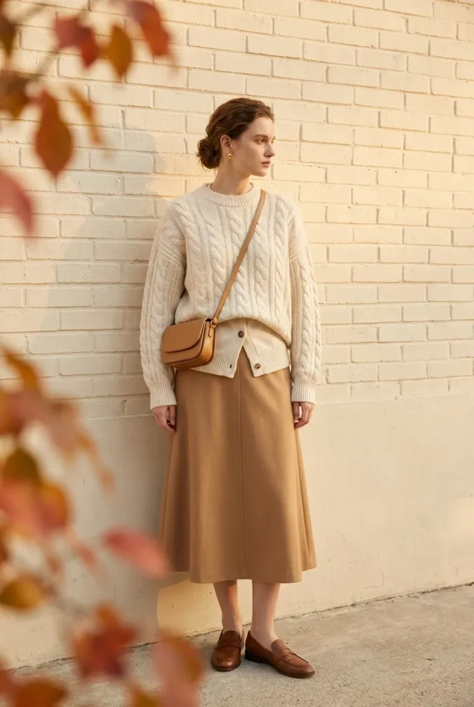 Quiet luxury fall outfit with cream sweater, cardigan, camel midi skirt, and loafers