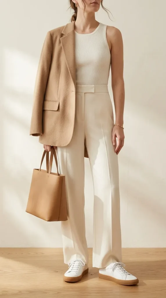 Quiet luxury outfit with white leather sneakers, cream wide-leg trousers, and camel blazer