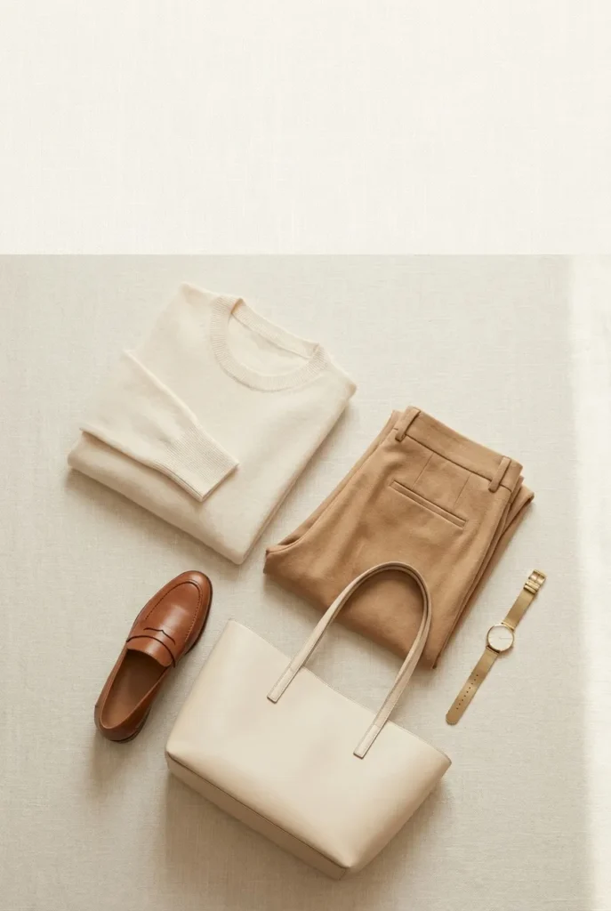 Quiet luxury style cheat sheet flat lay with cashmere camel trouser loafer and tote on cream linen
