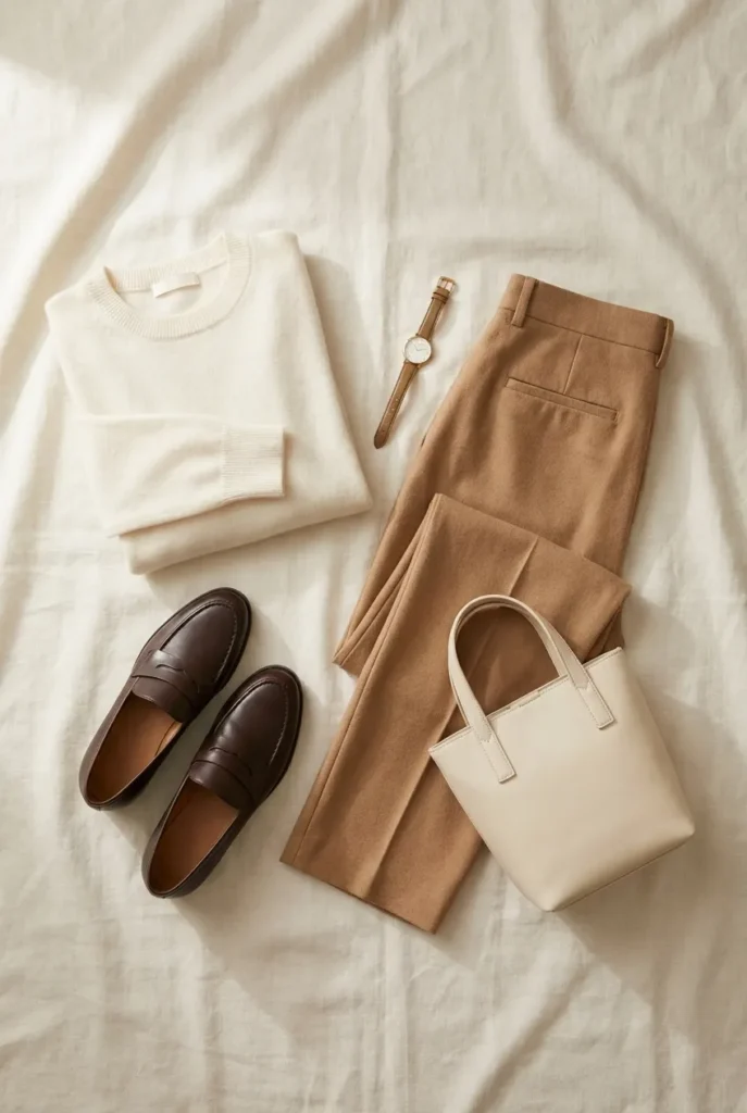 Quiet luxury style flat lay with cashmere sweater, camel trousers, leather loafers, and gold watch on cream linen
