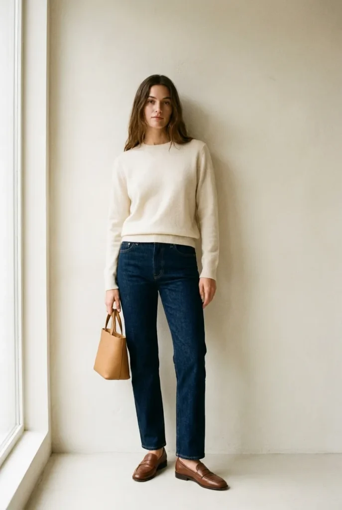 Quiet luxury style outfit on woman with cashmere sweater jeans loafers and camel tote