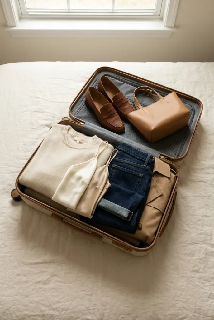 Quiet luxury travel capsule wardrobe packed in carry on with cashmere silk jeans and trench