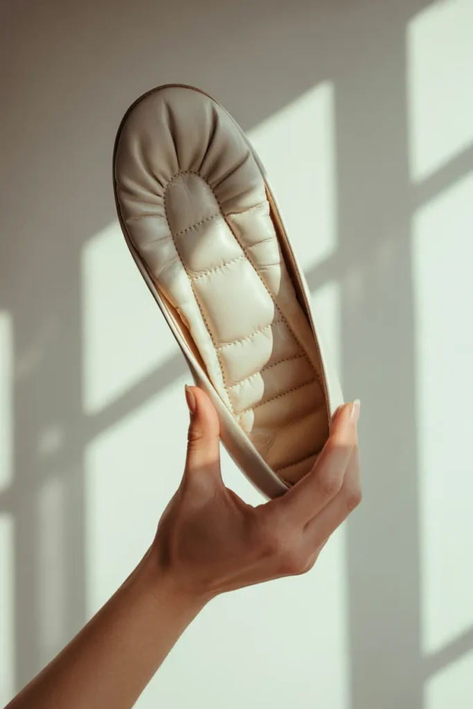 Removable cushioned insole inside a ballet flat for arch support and orthotic compatibility