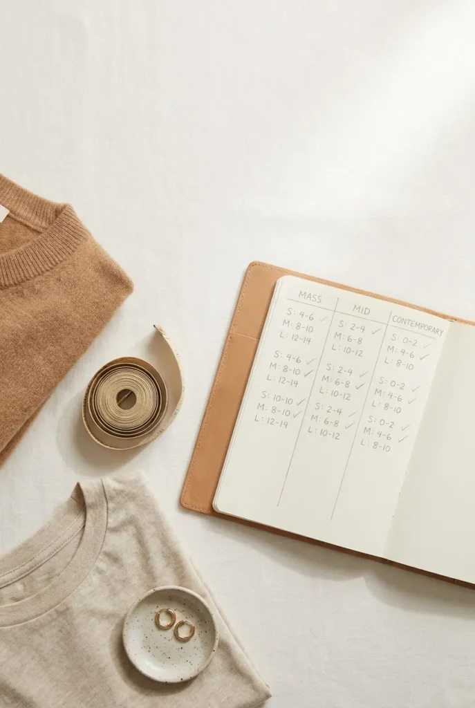 Shopping notebook flat lay for curvy capsule wardrobe with measuring tape camel sweater and size-tracking chart.