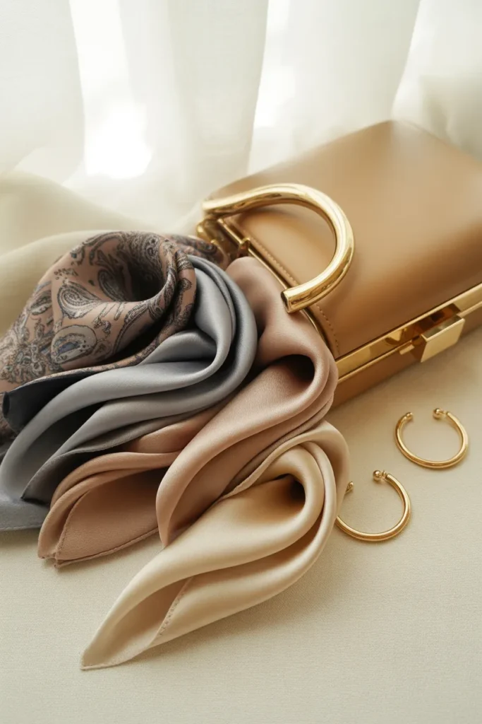 Silk scarves and camel leather bag styled for French girl style capsule wardrobe