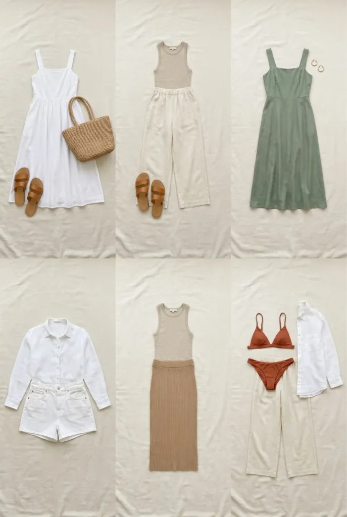 Six beach vacation capsule wardrobe outfit ideas flat-laid in a grid showing 22 possible combinations.
