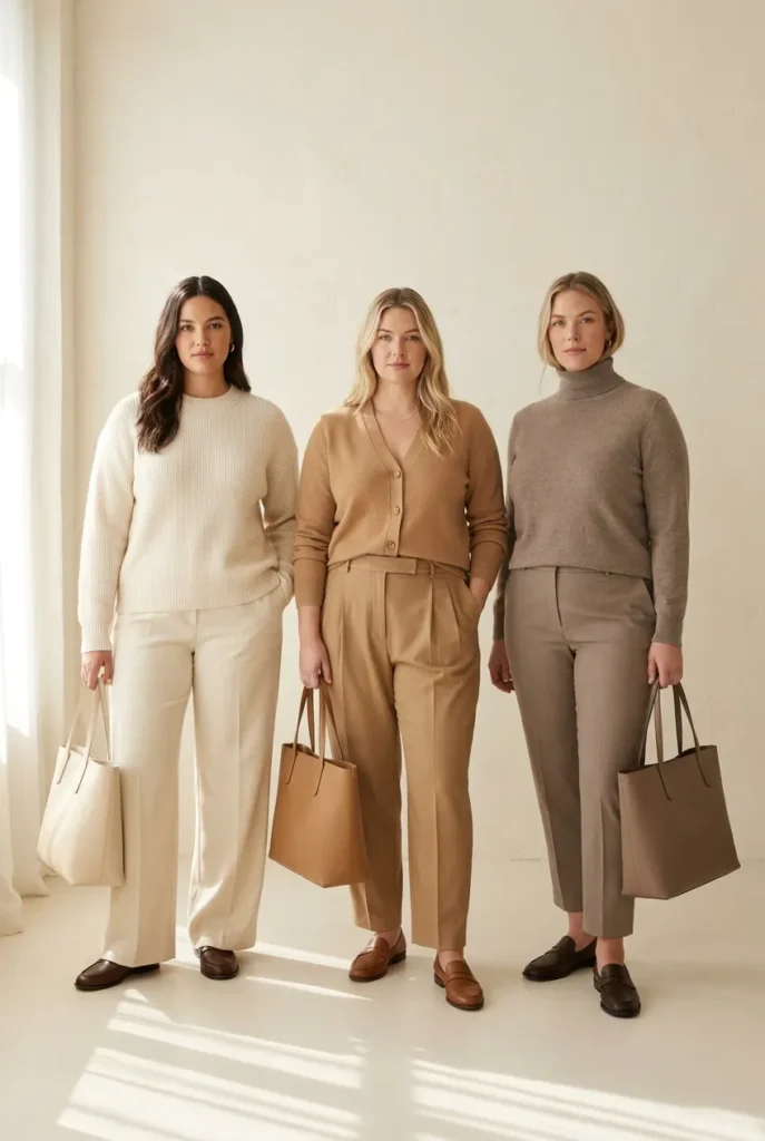 Size inclusive quiet luxury style on three women in tonal cream camel and taupe outfits