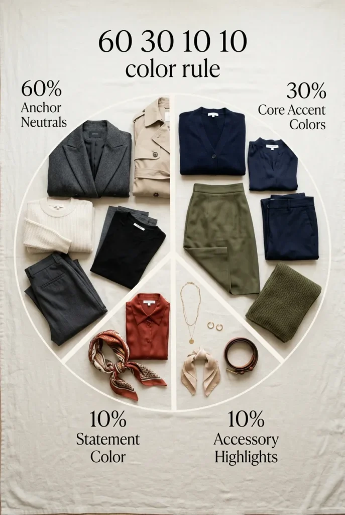 Skin tone color chart clothes layout showing 60-30-10-10 capsule wardrobe color rule