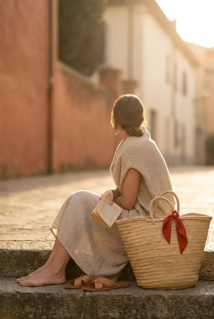 Slow-day tomato girl summer outfit oat linen midi dress and draped cardigan at golden hour.