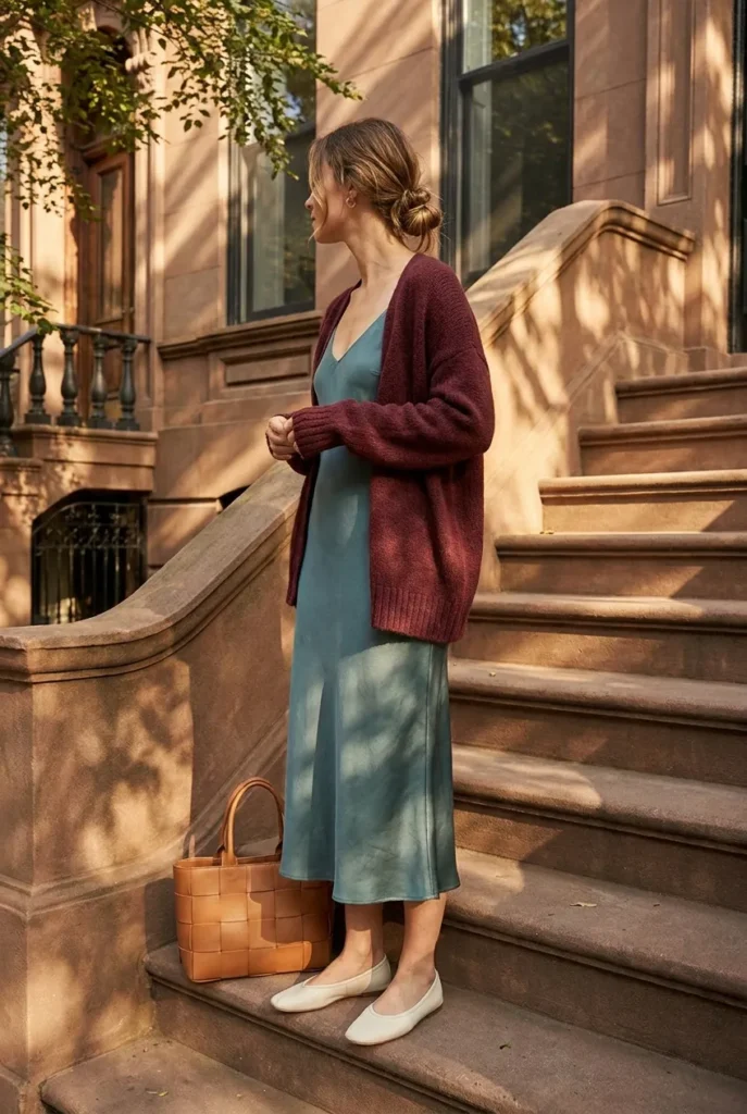 Soft summer capsule outfit with dusty teal slip midi dress, burgundy cardigan, and ballet flats on stoop.