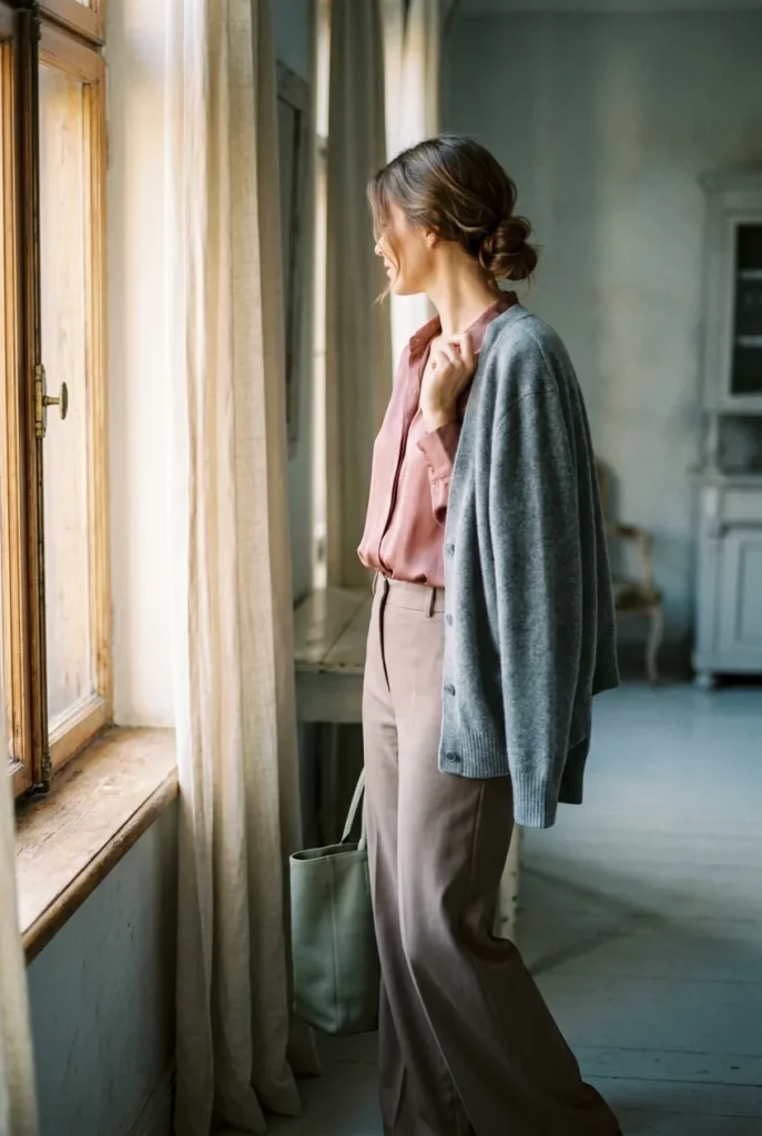 Soft summer capsule wardrobe outfit with dusty rose blouse, taupe trousers, cool gray cardigan, and sage leather tote.