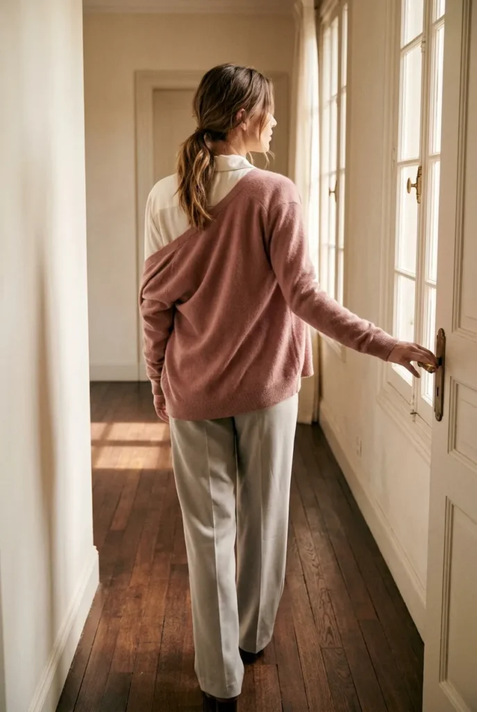 Soft summer capsule wardrobe outfit with ivory silk blouse, stone wide-leg trousers, and dusty rose cardigan.