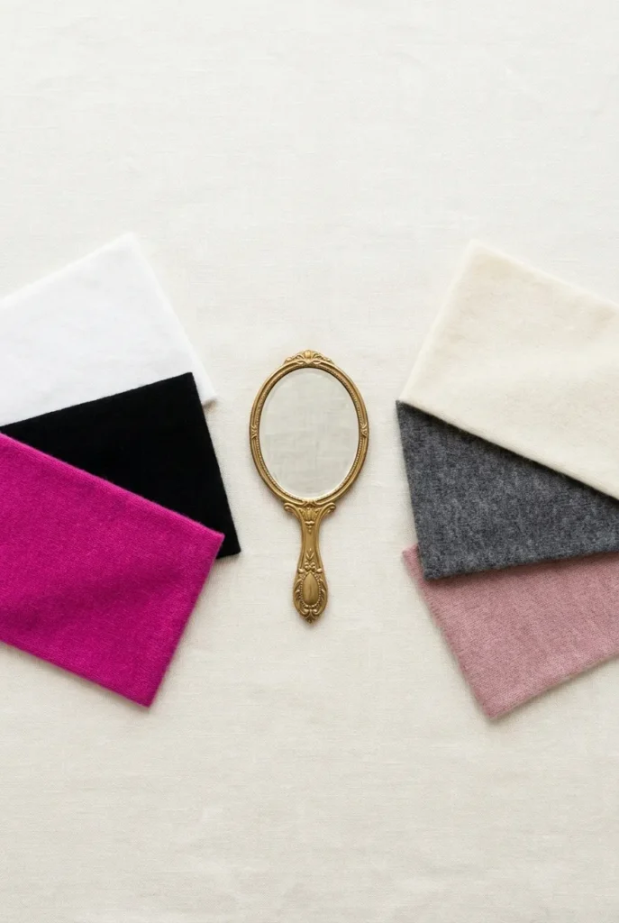 Soft summer color analysis flat lay comparing cool muted swatches against bright contrast colors with mirror.