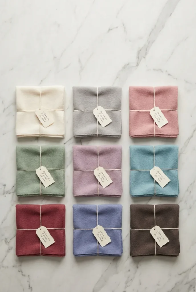 Soft summer color palette flat lay with ten muted cool-toned cashmere and silk fabric swatches on marble.