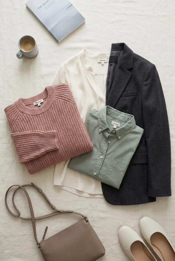 Soft summer mid-tier shopping flat lay with Madewell, Quince, J.Crew, and Banana Republic pieces on linen.