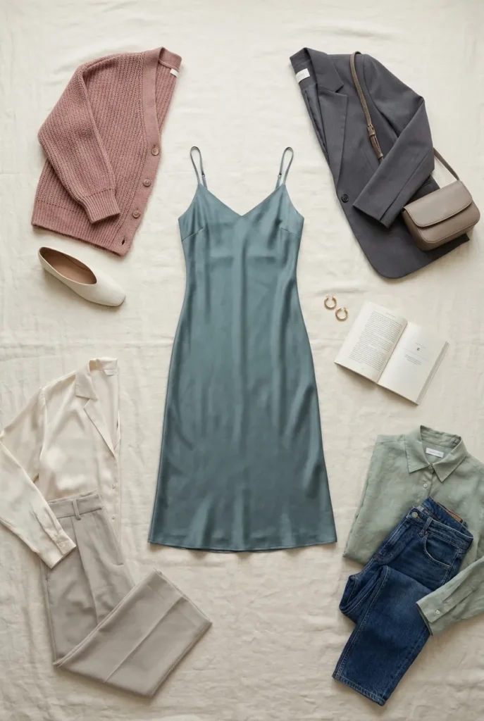 Soft summer one piece five ways flat lay with teal midi dress styled five different ways.