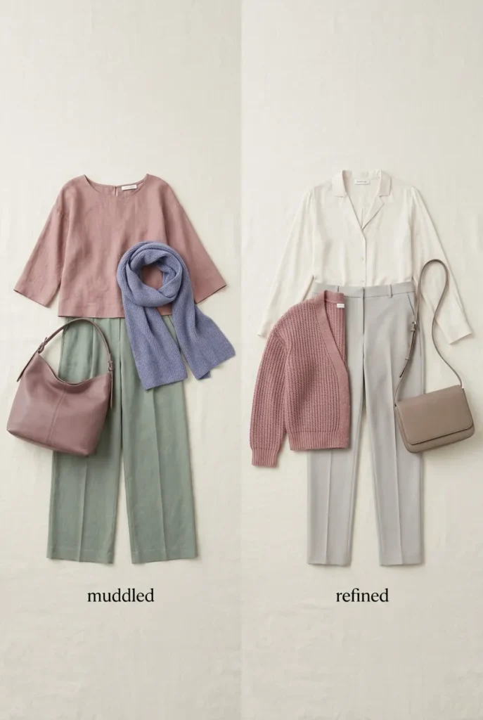 Soft summer styling mistakes comparison flat lay with muddled outfit versus anchored outfit on cream linen.