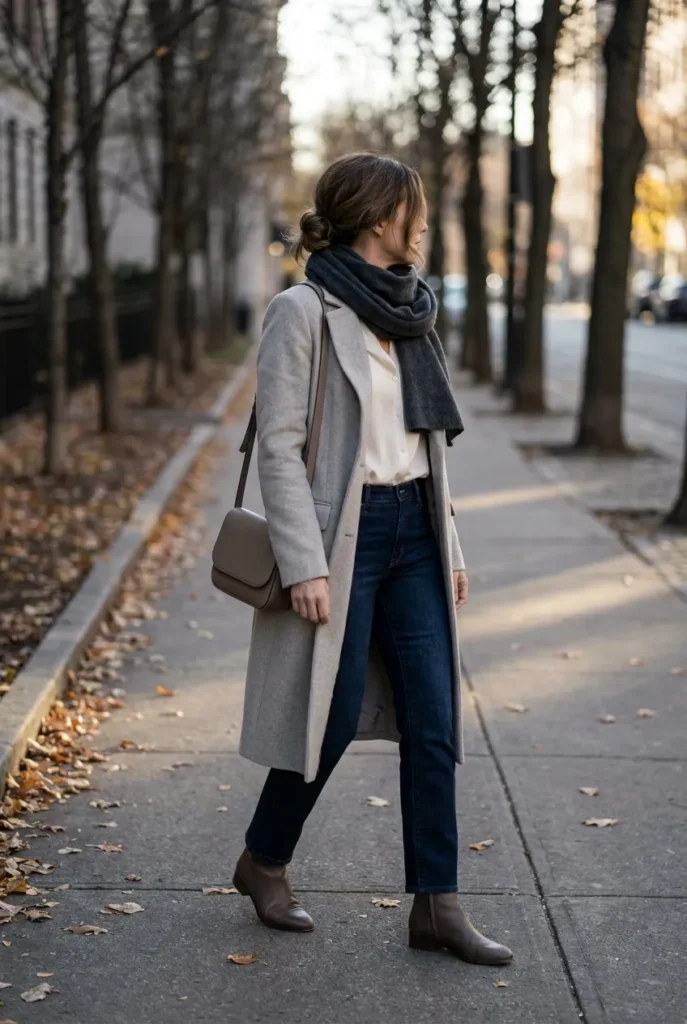 Soft summer winter capsule outfit with stone wool coat, ivory blouse, dark jeans, charcoal scarf, and brown boots.