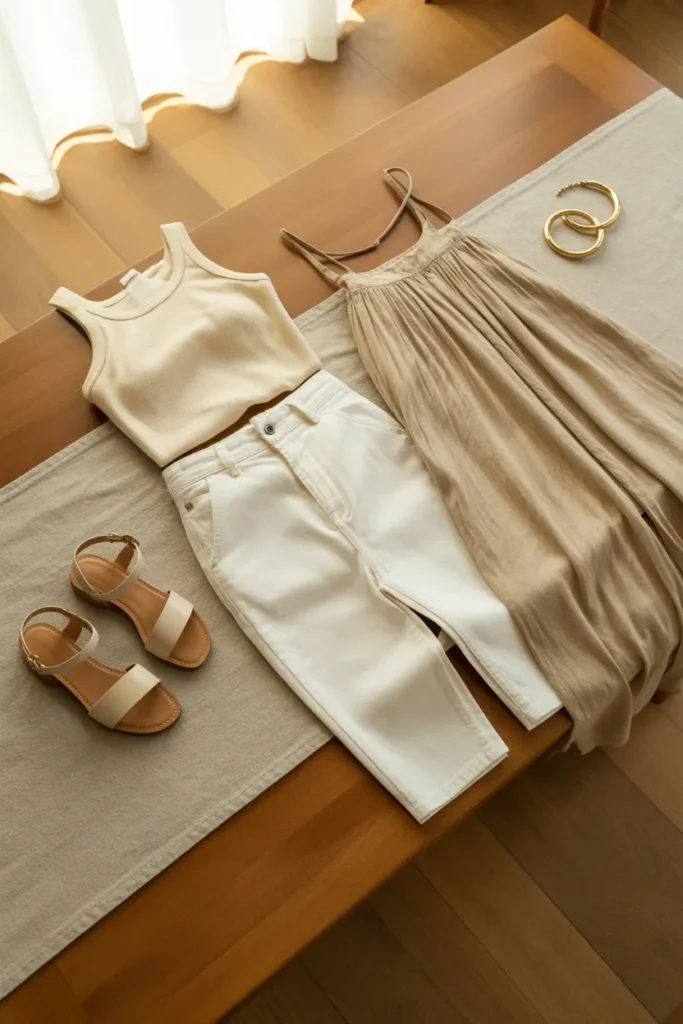 Spring to summer capsule wardrobe flat lay with cream tank, white trousers, and tan sandals