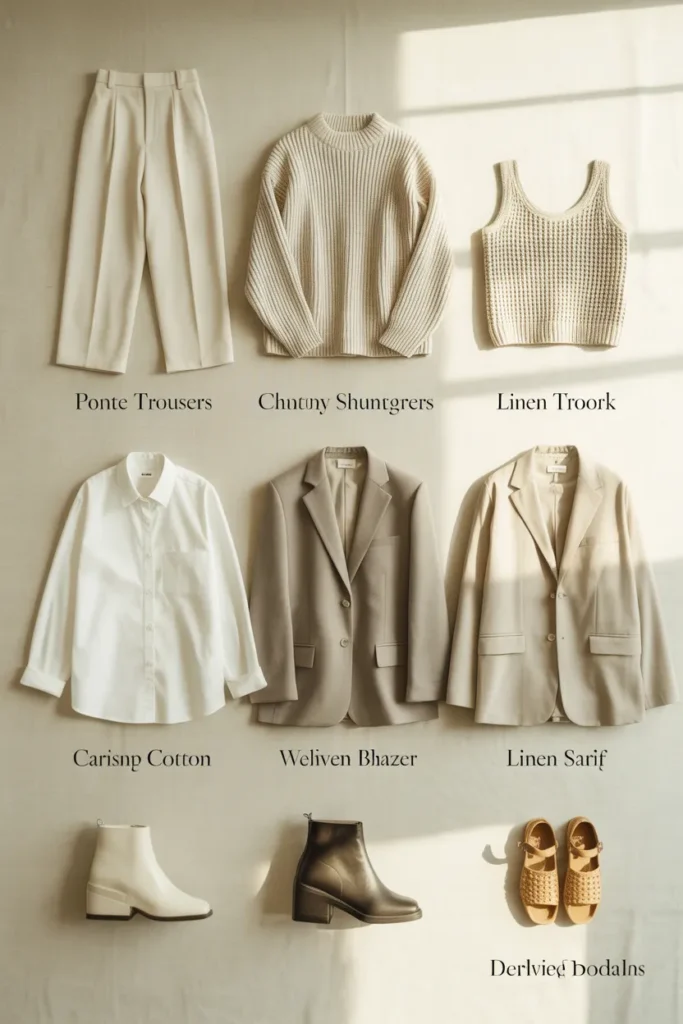 Spring to summer fabric swap chart showing ponte to linen, cotton sweater to knit tank, and bootie to sandal pairings