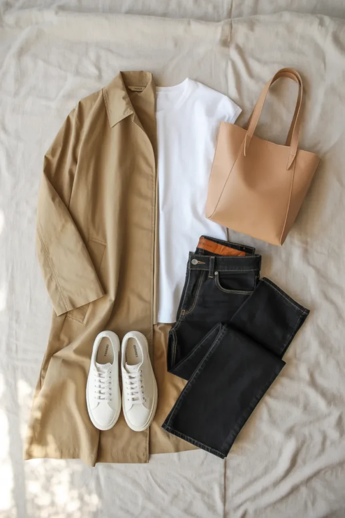 Stone trench coat flat lay with white tee, jeans, sneakers, and tote on cream linen for capsule wardrobe styling.