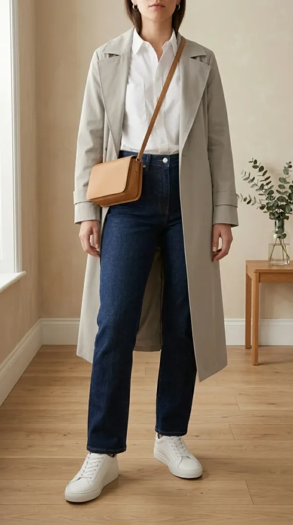 Stone trench coat outfit with white leather sneakers and straight-leg jeans for transitional spring style