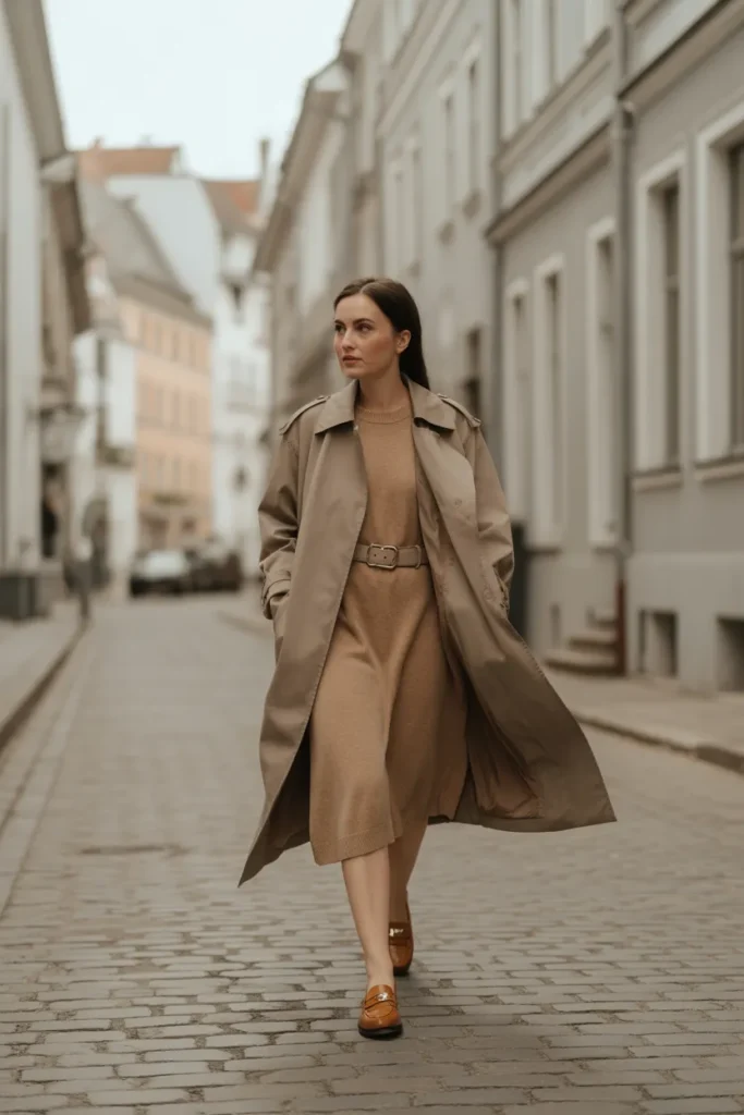 Stone trench coat styled over oat knit dress with loafers for neutral capsule wardrobe