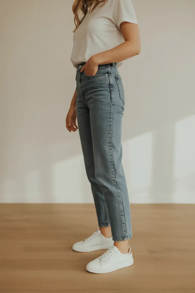 Straight-leg jeans styled with white tee and sneakers as capsule wardrobe basic