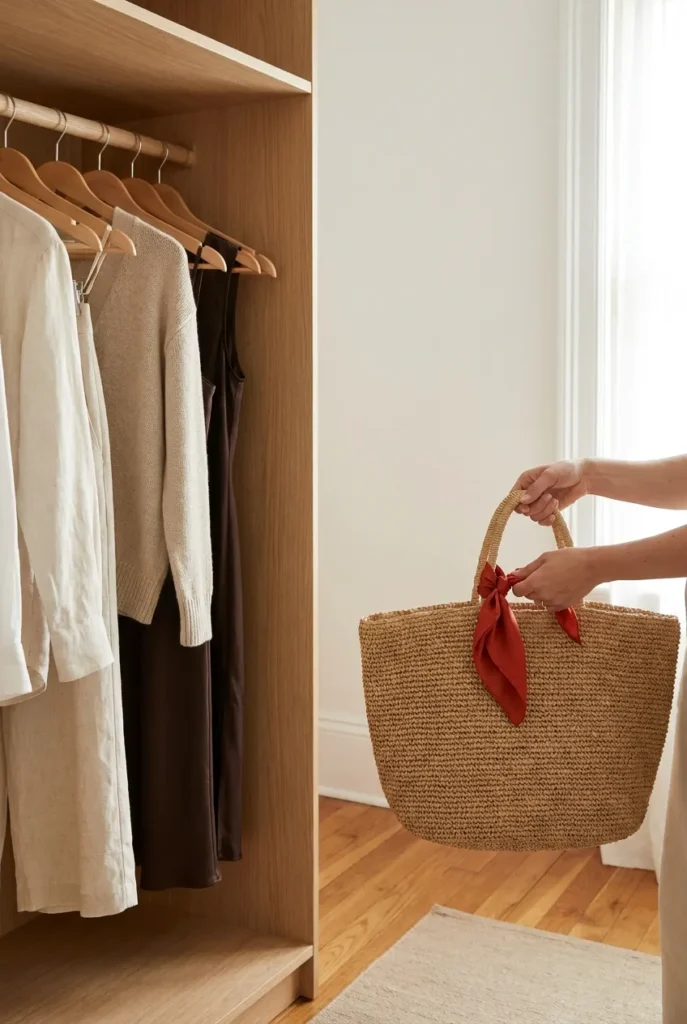 Styling a tomato girl summer outfit from existing neutrals with a red scarf accent.