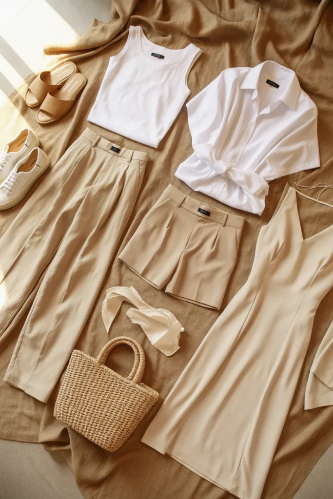 Summer capsule wardrobe seven core pieces flat lay overhead