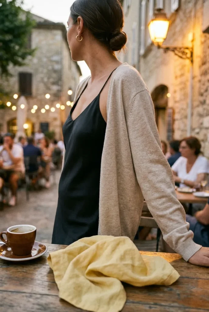 Summer evening outfit idea with a slip dress and lightweight oat cardigan draped over the shoulders