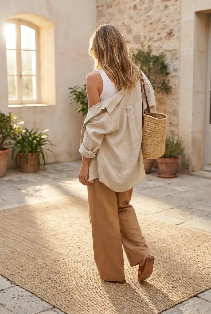 Summer layering outfit for women with an open linen overshirt over a white tank and camel trousers