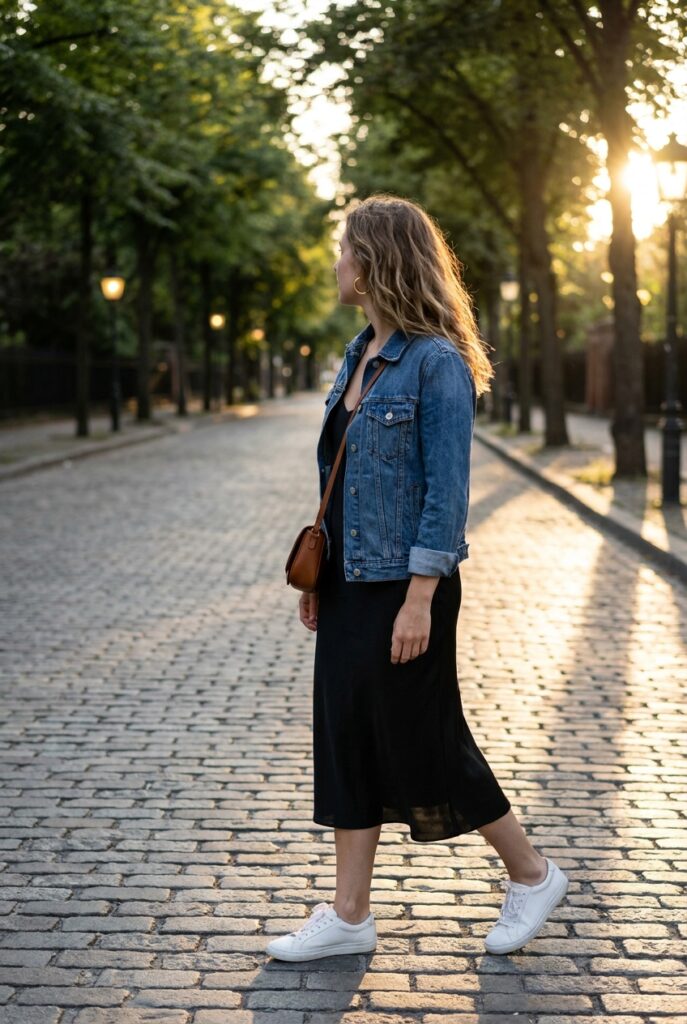 Summer layering outfit with a denim jacket over a slip dress and white sneakers for cool nights
