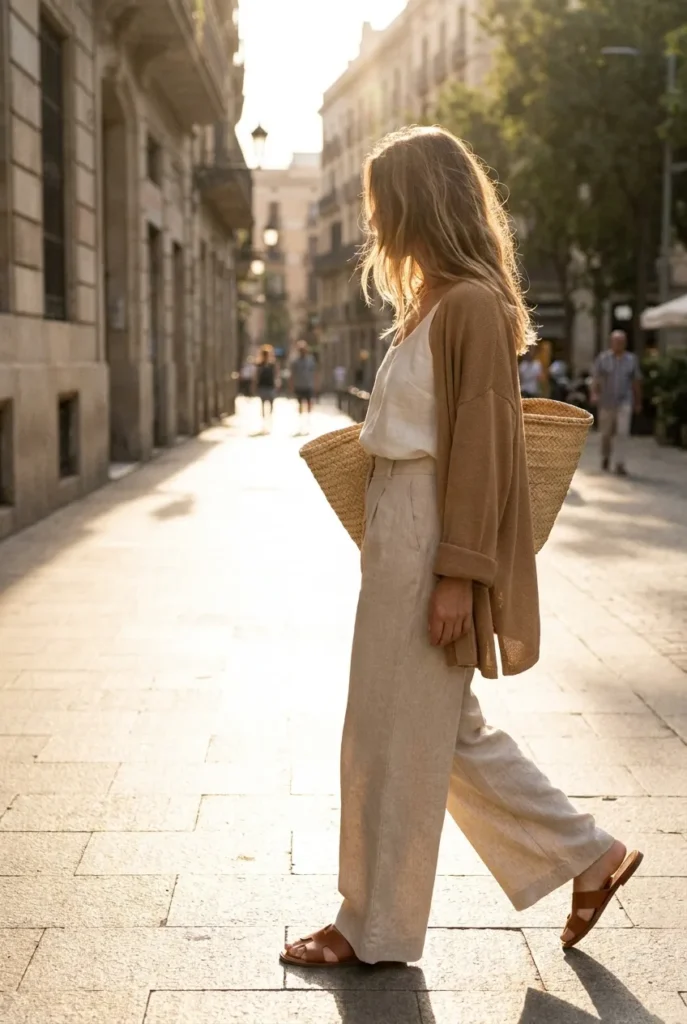 Summer layering outfit with linen tank, camel overshirt, and wide-leg trousers at golden hour